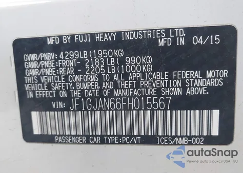 2015 Subaru Impreza 2.0I Limited from USA, damaged, VIN JF1GJAN66FH015567